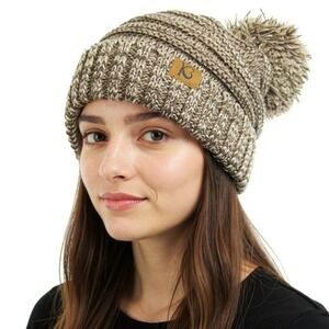 KBETHOS Heather Tan Chunky Pom-Pom Cable Knit Ribbed Beanie NWT